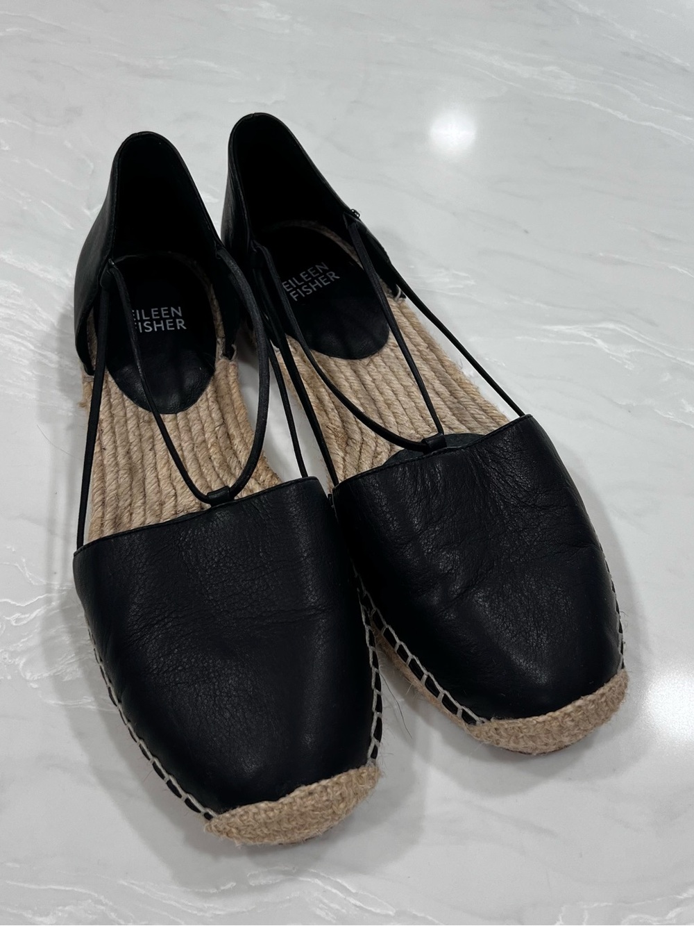 Eileen Fisher Lee Spadrillle Black Leather Comfortable Bohemian Shoes Size 9 M